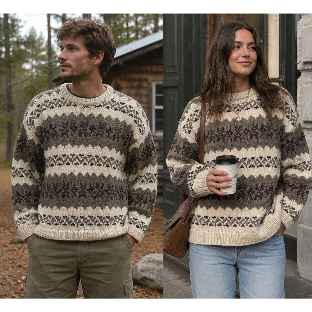 Vintage REY WEAR handmade knit 100% wool heavy sweater Ecuador Fair Isle ski LG